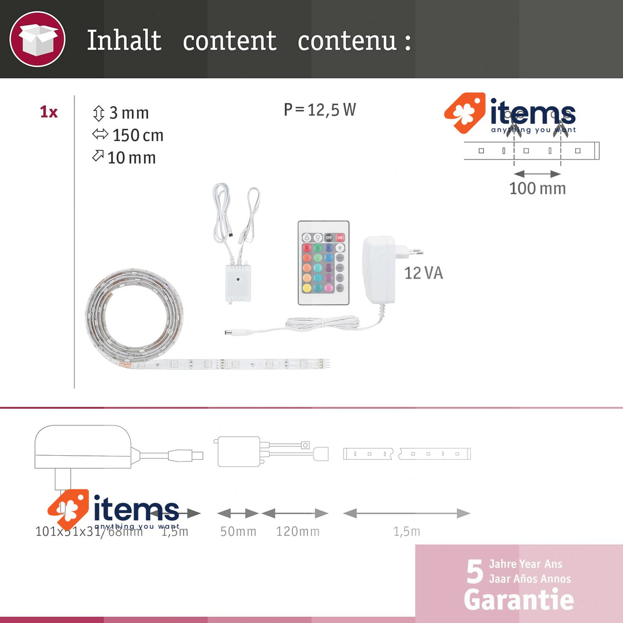 Paulmann 70960 LED Stripe SimpLED 1.5m RGB 230/12V DC, Plastic Light Strip
