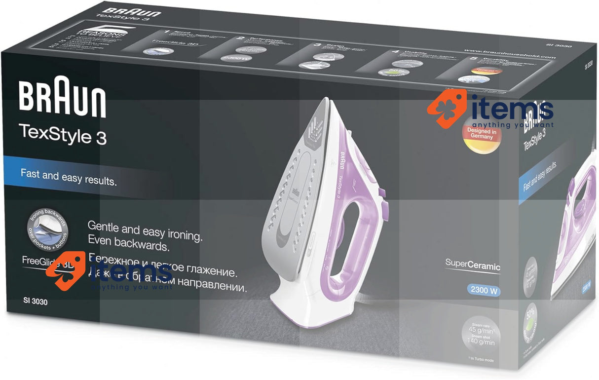Braun Texstyle 3 SI3030PU Steam Iron, Shot 140g/Min 2m Cord, Purple - 2 M 45g