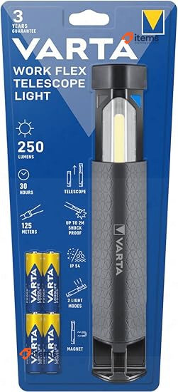 Varta Flex Telescope Work Light - 2‑in‑1 Spotlight & Area Light, IP54, Uses 4×AA