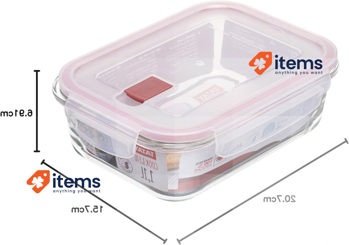 TATAY Glass Food Storage, Airtight, 1.1L Of Capacity 15.7 X 20.7x 6.9 Cm - 1.1 L