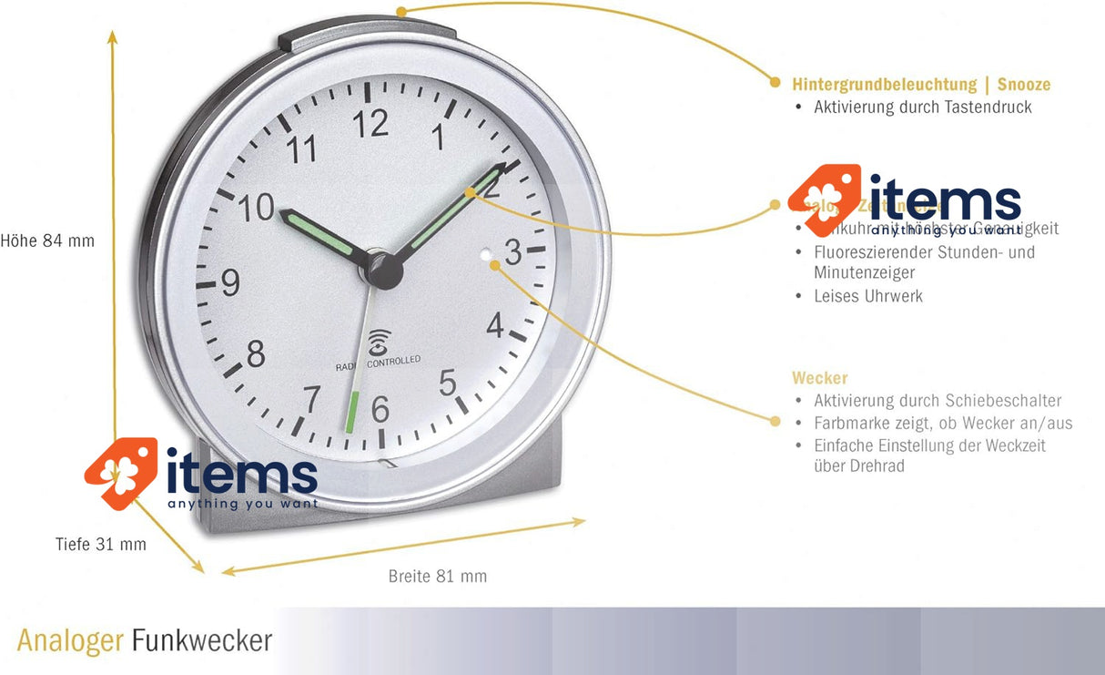 TFA Dostmann Analogue Radio Alarm Clock, Plastic, Silver, 81 x 31 x 84 mm