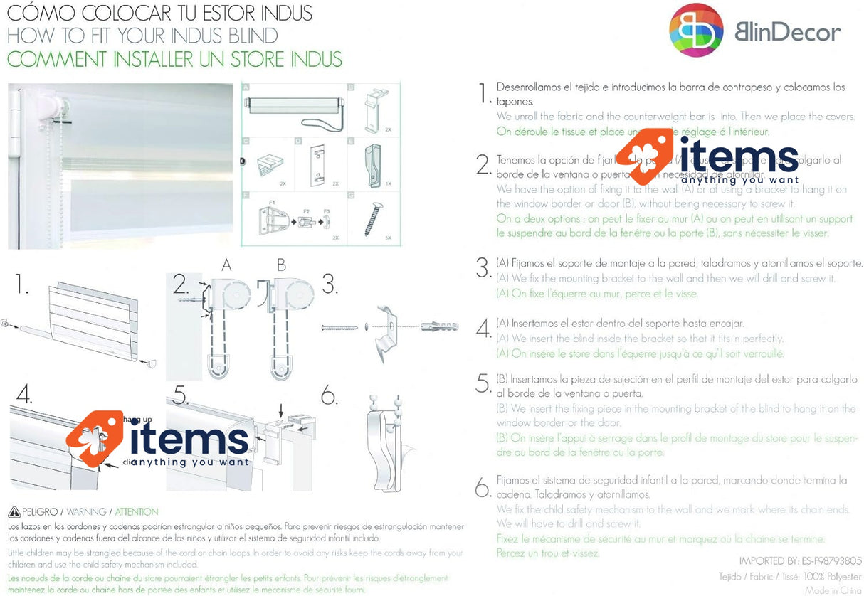 Blindecor - Indus "NO TOOLS REQUIRED". Double Layered Roller Blind REQUIRED Grey