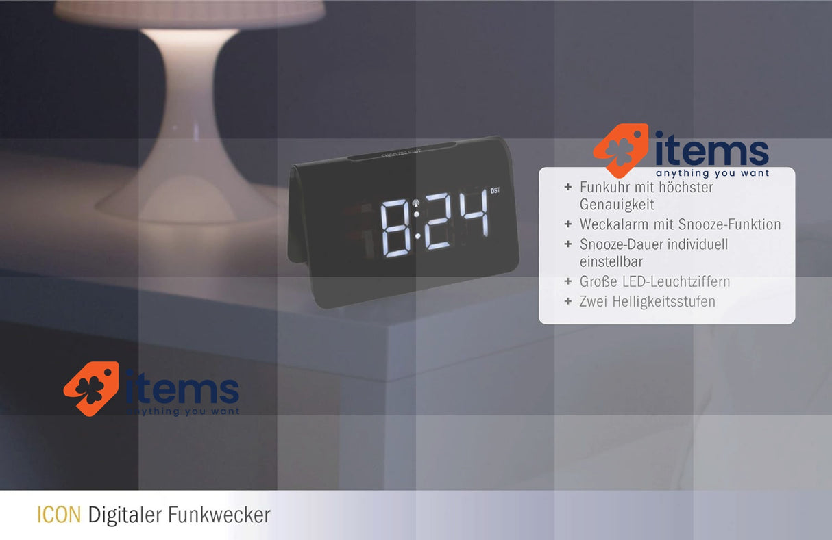 TFA Dostmann Radio Controlled Digital Alarm Clock, 60.2543.02, Black L H Mm Icon