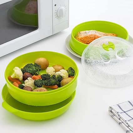 InnovaGoods Fresh Double Microwave Steamer, Polypropylene, Green, 22 x 12/17 cm