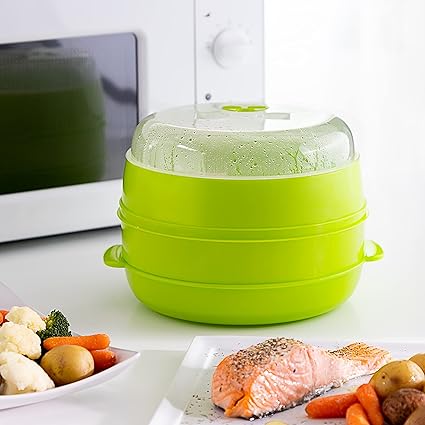 InnovaGoods Fresh Double Microwave Steamer, Polypropylene, Green, 22 x 12/17 cm