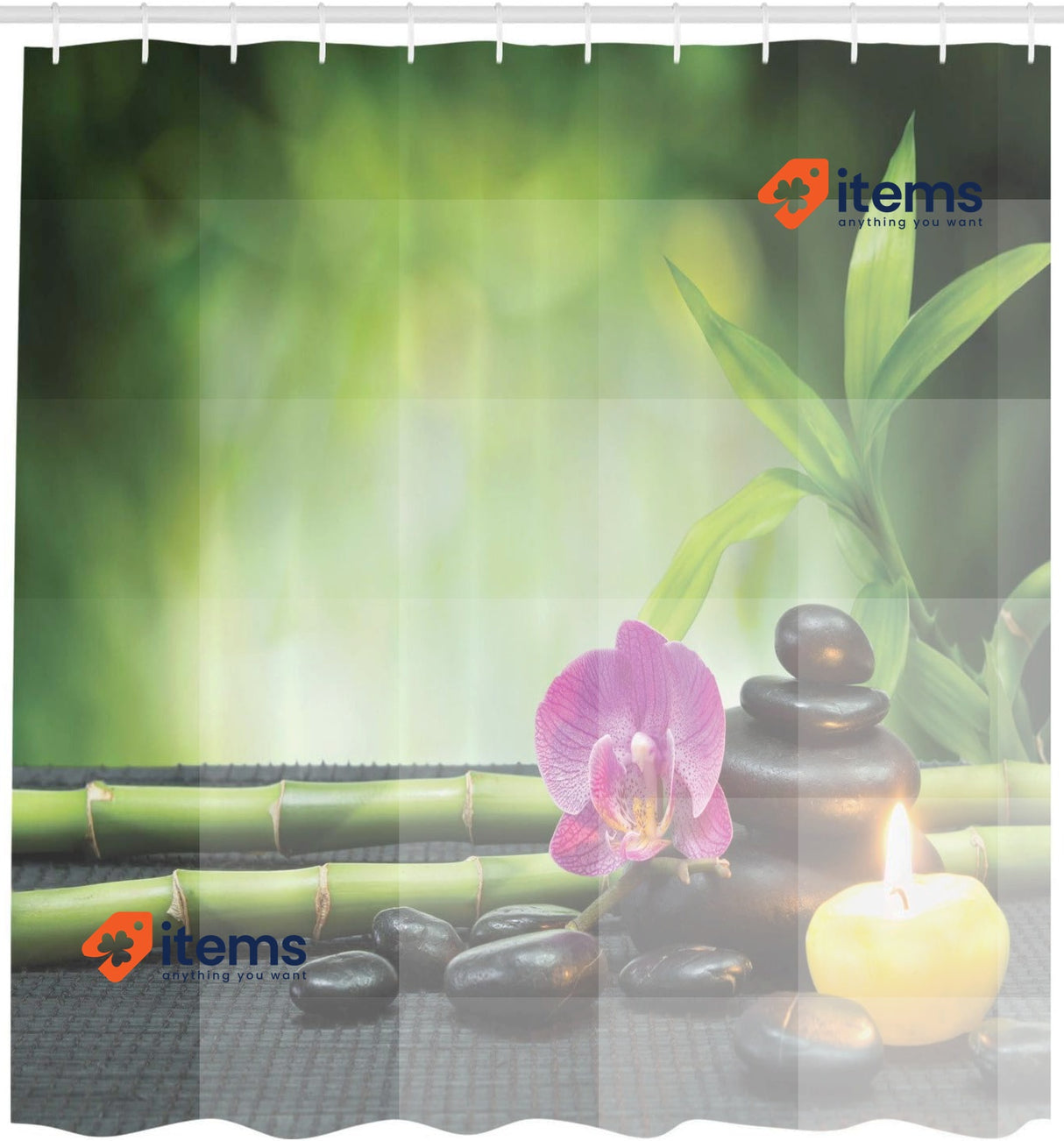 ABAKUHAUS Spa Shower Curtain Green Purple Red Themed Orchid Petal Leaves Stones