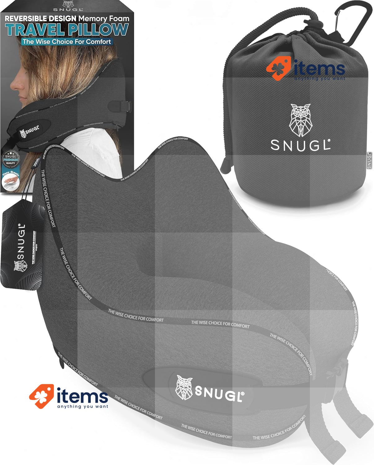 SNUGL Travel Pillow – Memory Foam Neck Pillow for Travel Black Adult