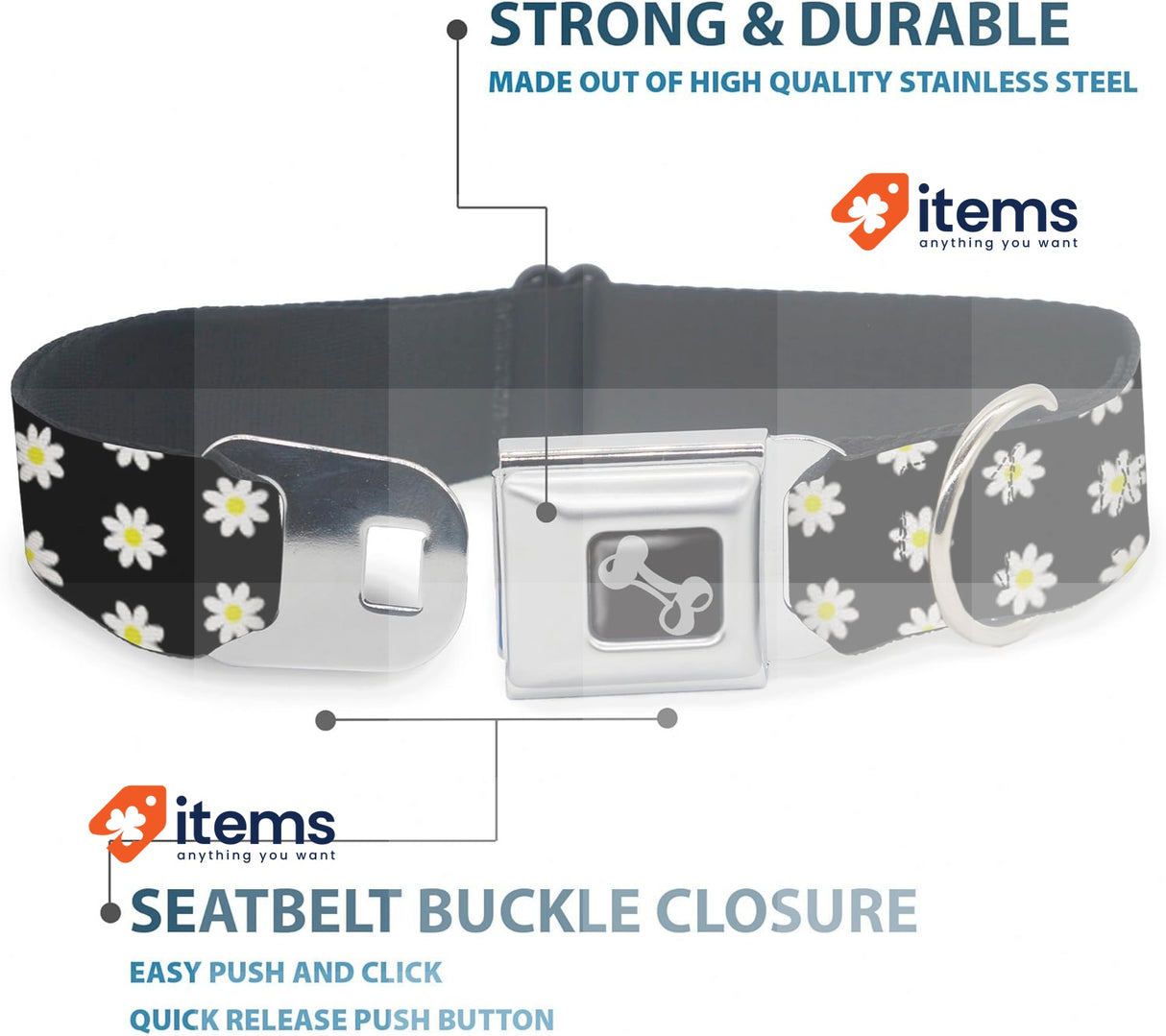 Buckle Down Seatbelt Buckle Dog Collar, Daisies Scattered Black/White/Yellow