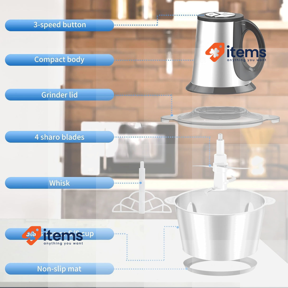Nestling Electric Handkerchief 600W,Legumbot Culinary 4 - Lames Stainless Food