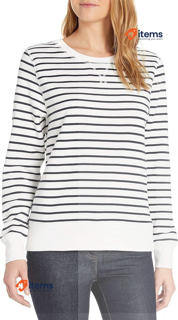 Amazon Essentials Women's French Terry Sweatshirt White Horizontal Stripes S