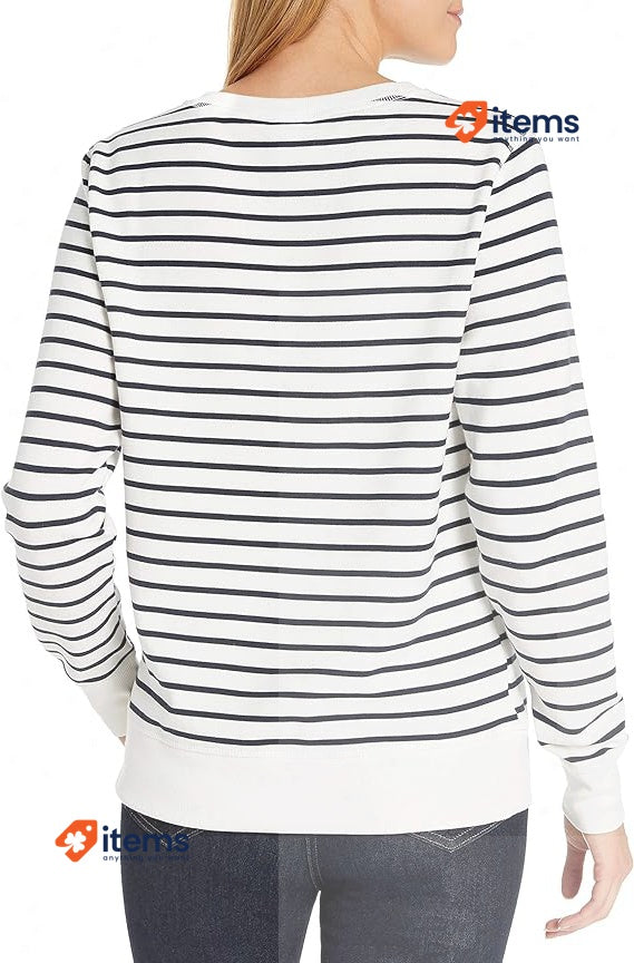 Amazon Essentials Women's French Terry Sweatshirt White Horizontal Stripes S