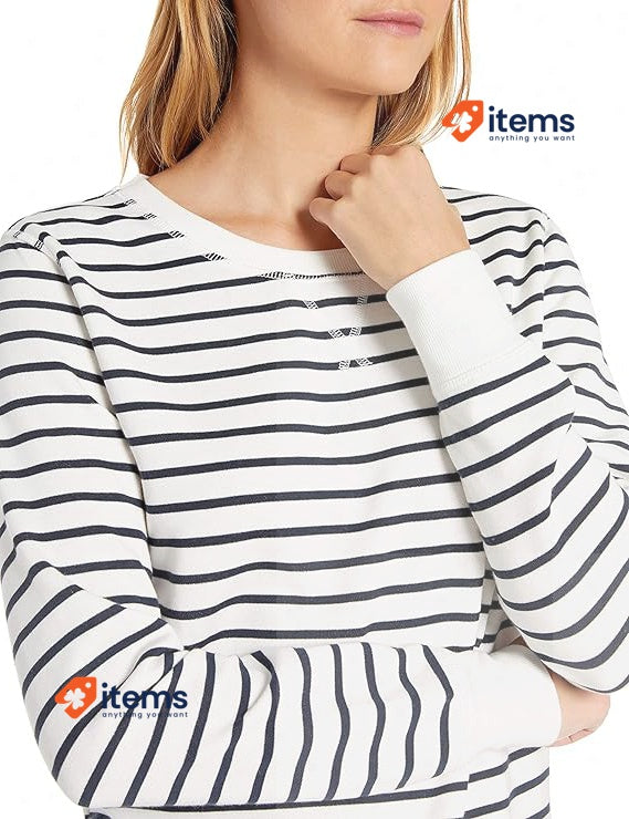 Amazon Essentials Women's French Terry Sweatshirt White Horizontal Stripes S