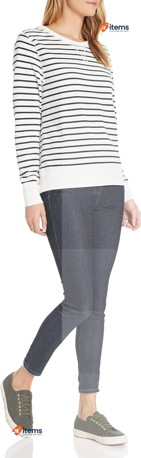 Amazon Essentials Women's French Terry Sweatshirt White Horizontal Stripes S