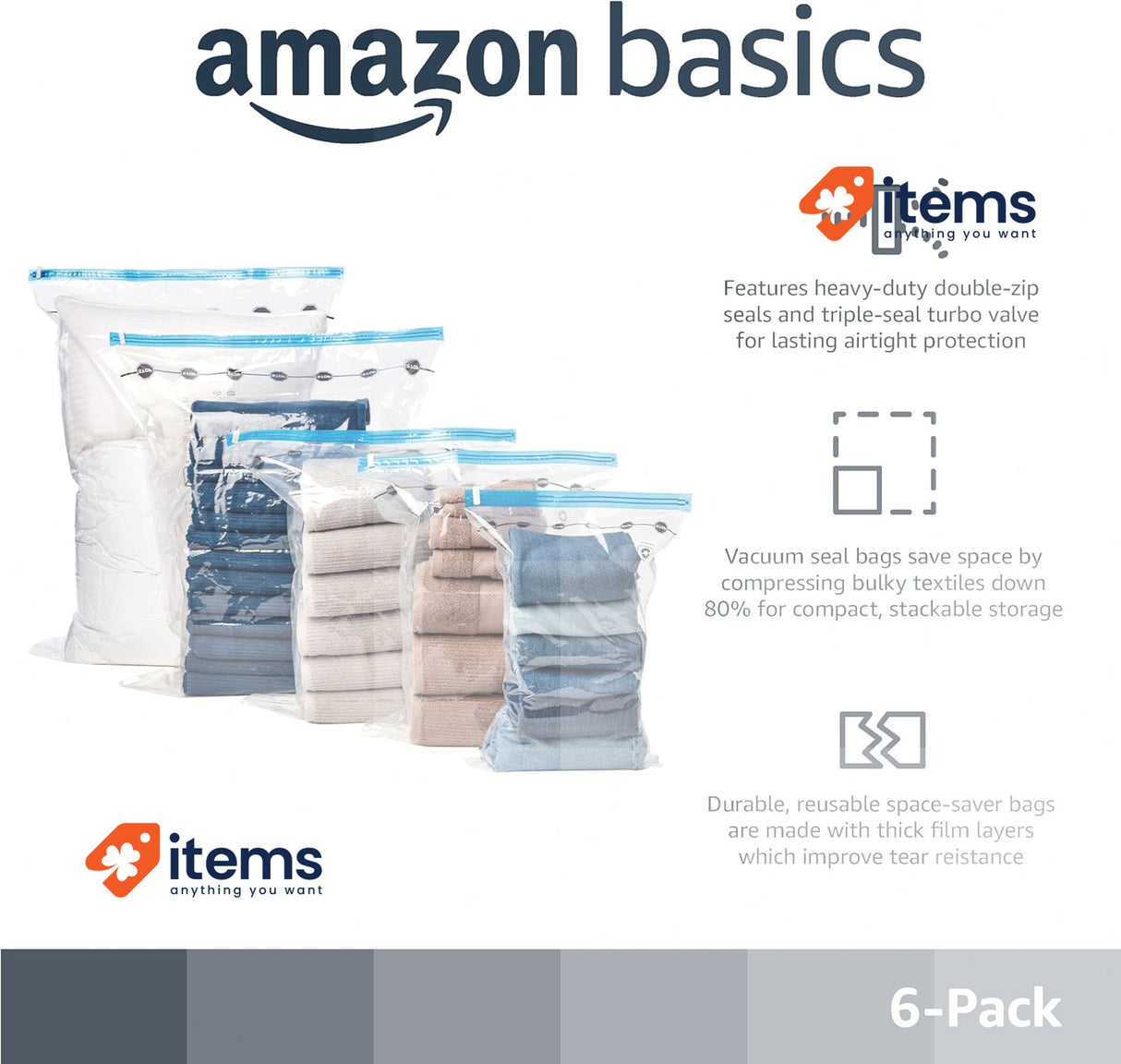 Amazon Basics Vacuum Compression Zipper 2 Jumbo, 2 Large, 2 Medium, Transparent