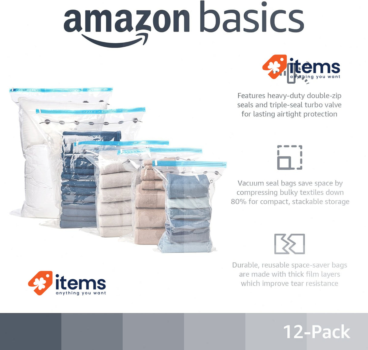 Amazon Basics Vacuum Compression Zipper Storage Bags 12-Pack, Multiple, Clear