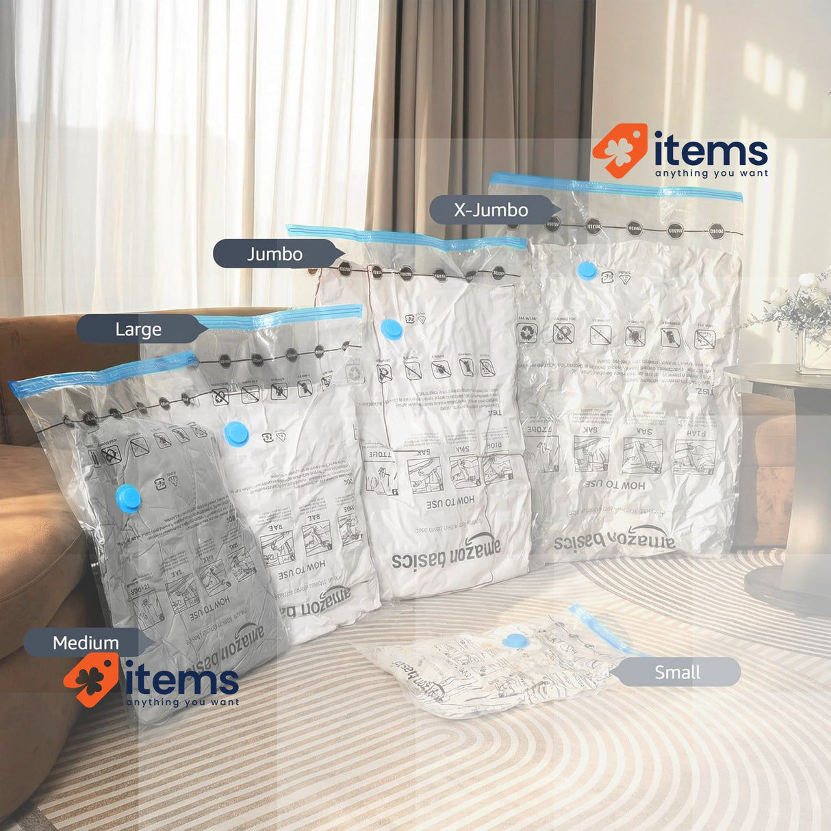 Amazon Basics Vacuum Compression Zipper Storage Bags 12-Pack, Multiple, Clear