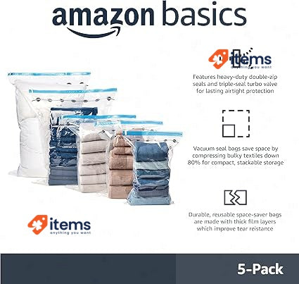 Amazon Basics Vacuum Compression Zipper Storage Bags 5-Pack, Clear