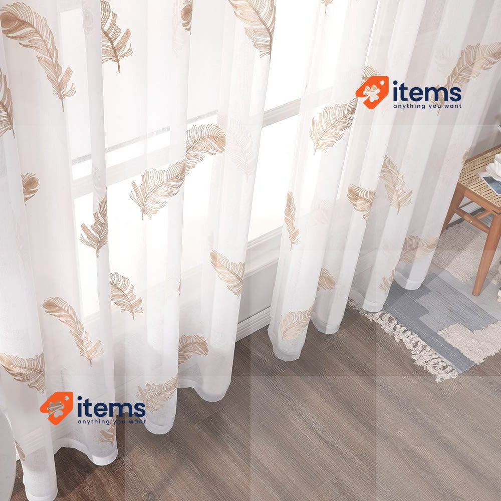 MIULEE Embroidered Curtain White Brown Panels Sheer Window Feather Design 2 Room