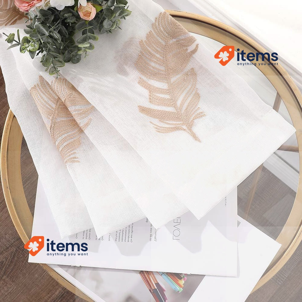 MIULEE Embroidered Curtain White Brown Panels Sheer Window Feather Design 2 Room