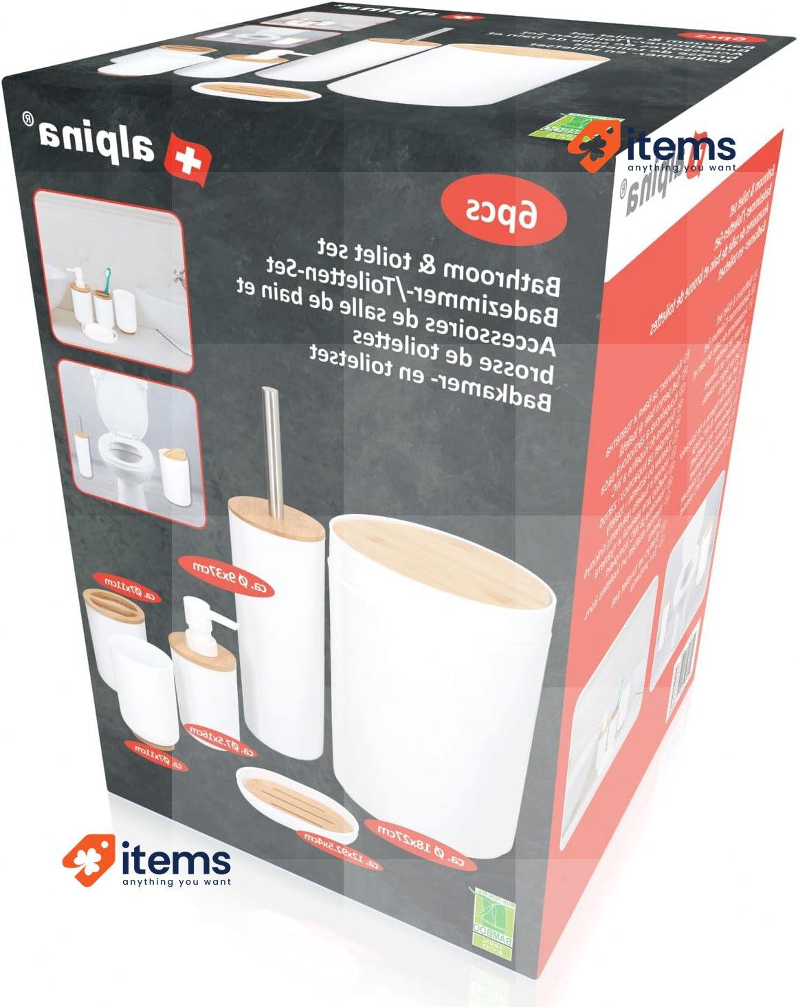 alpina Bathroom Set in Bamboo Wood and Plastic White w/ Toilet Brush Holder 6