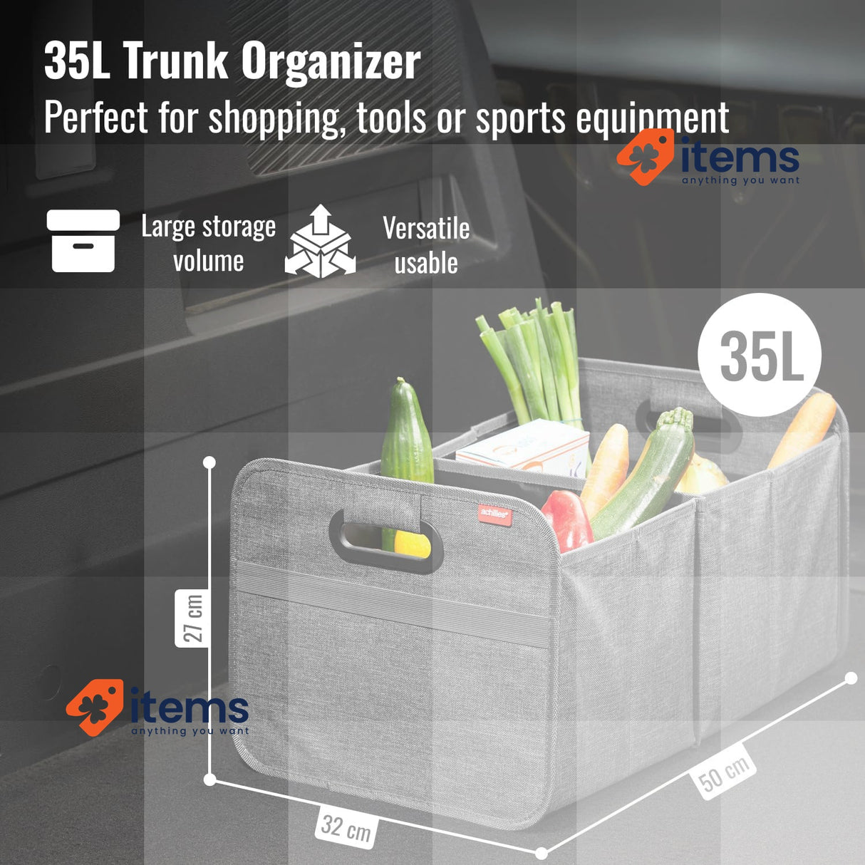 achilles Car Folding Box XL, Foldable Trunk Bag, 50cm x 32cm x 27cm, Grey Gray