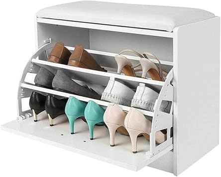 BAKAJI Wooden Shoe Rack with Triple Depth and Seat in Eco Leather White