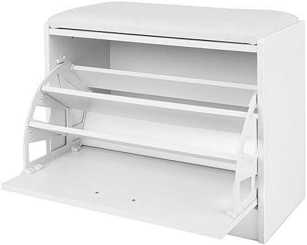 BAKAJI Wooden Shoe Rack with Triple Depth and Seat in Eco Leather White