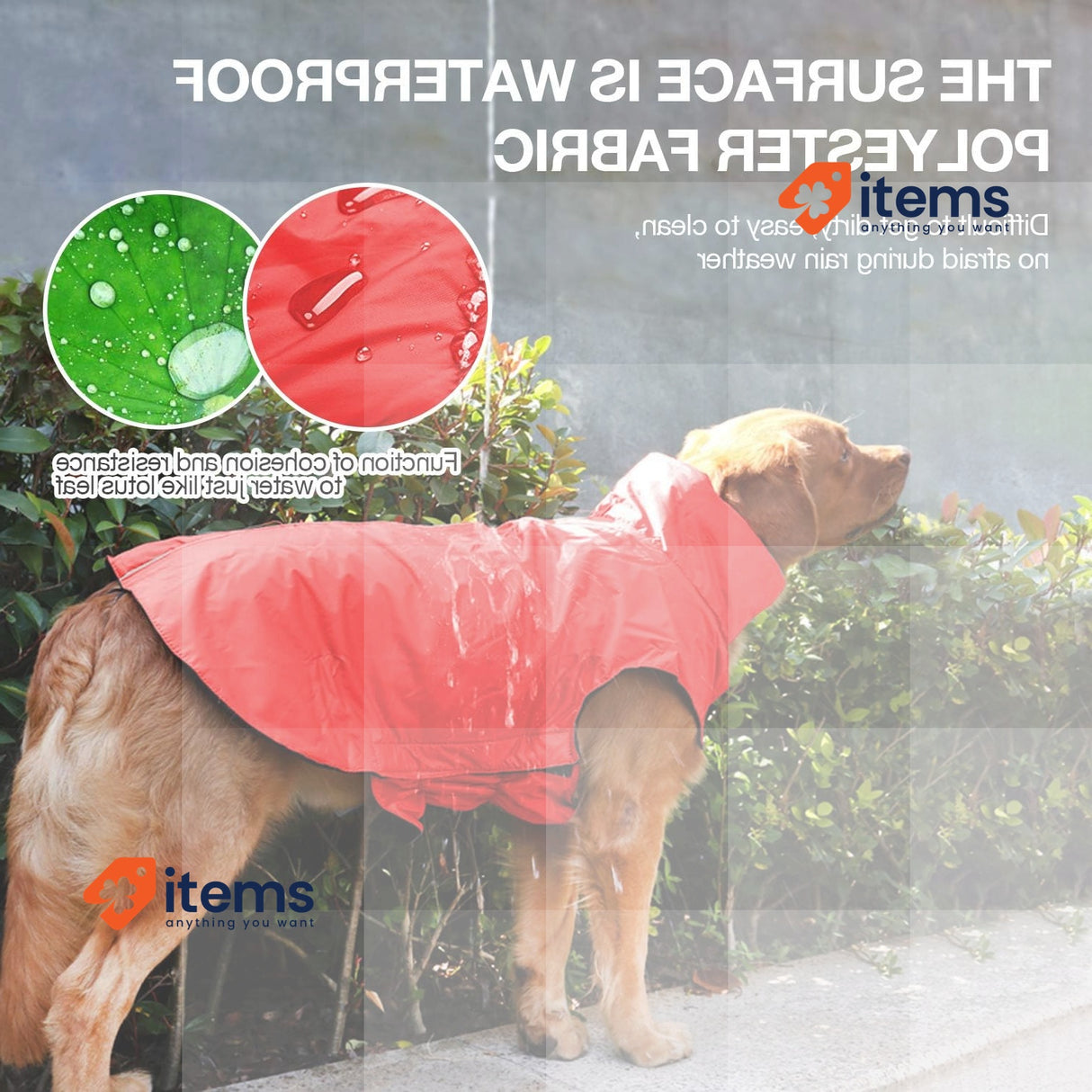 IREENUO Waterproof Dog Coat, Raincoat Jacket Red XL Black Safe Reflective Strips