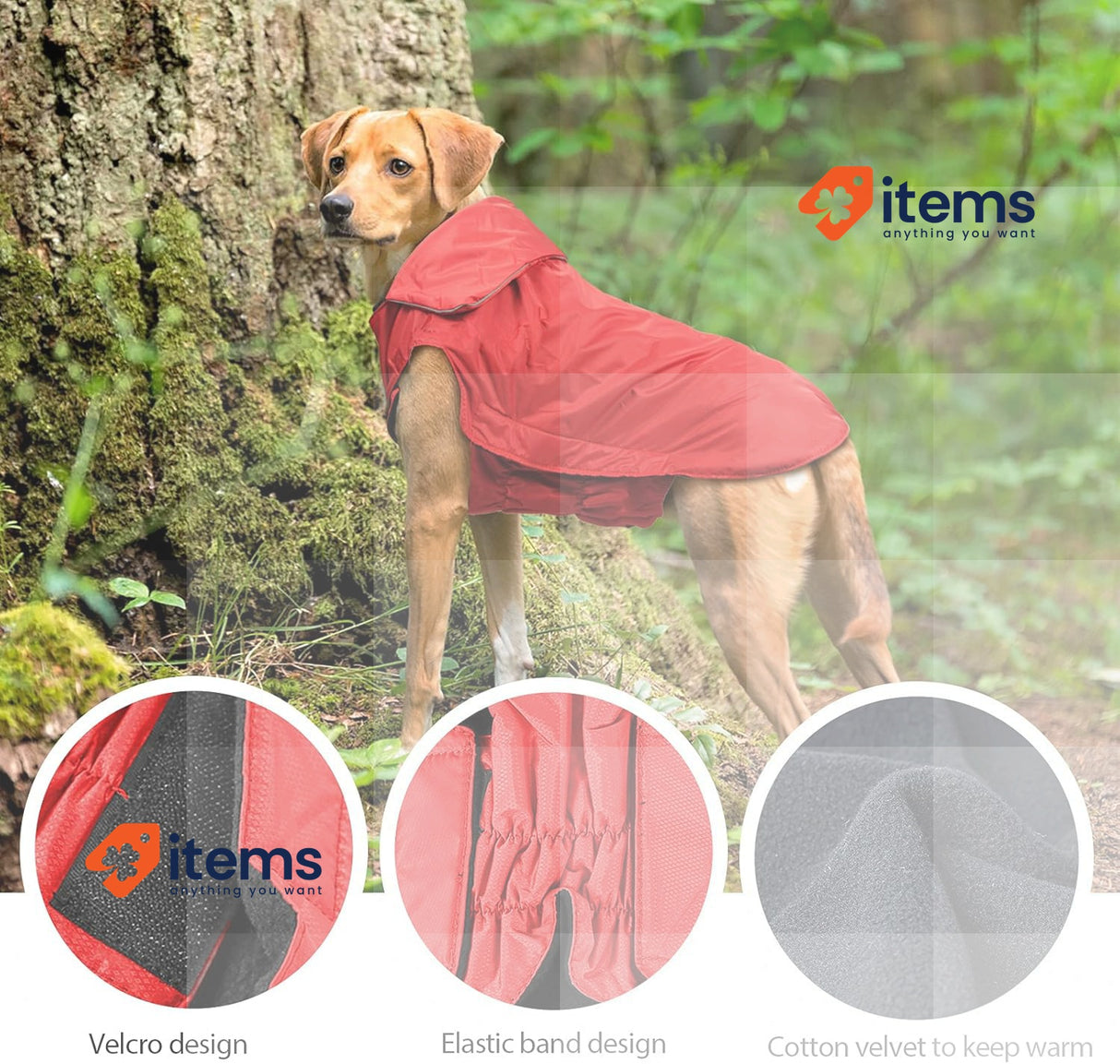 IREENUO Waterproof Dog Coat, Raincoat Jacket Red XL Black Safe Reflective Strips