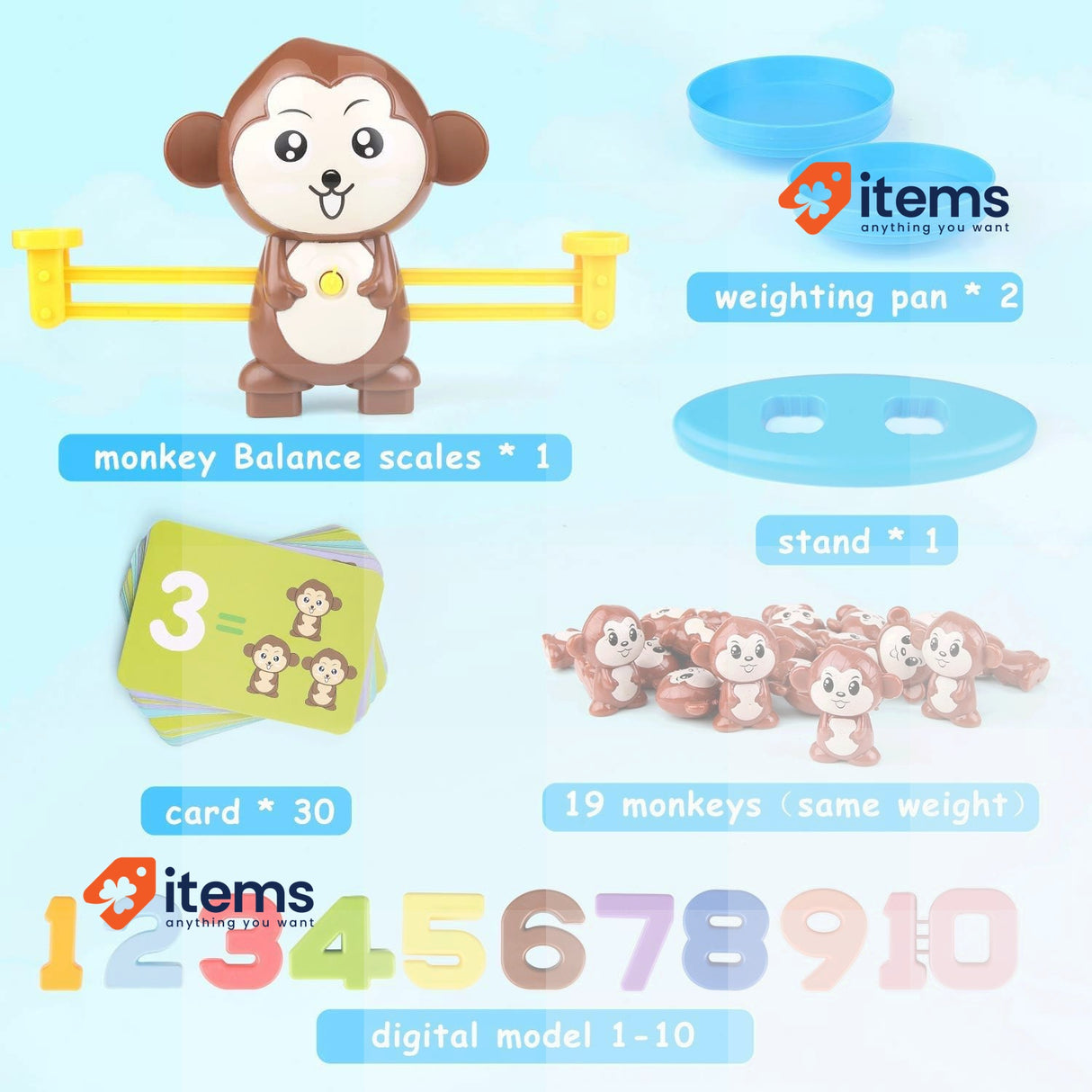 BBLIKE Math Toy 65 Pieces Monkey Balance Cards Digital Block Educational Game
