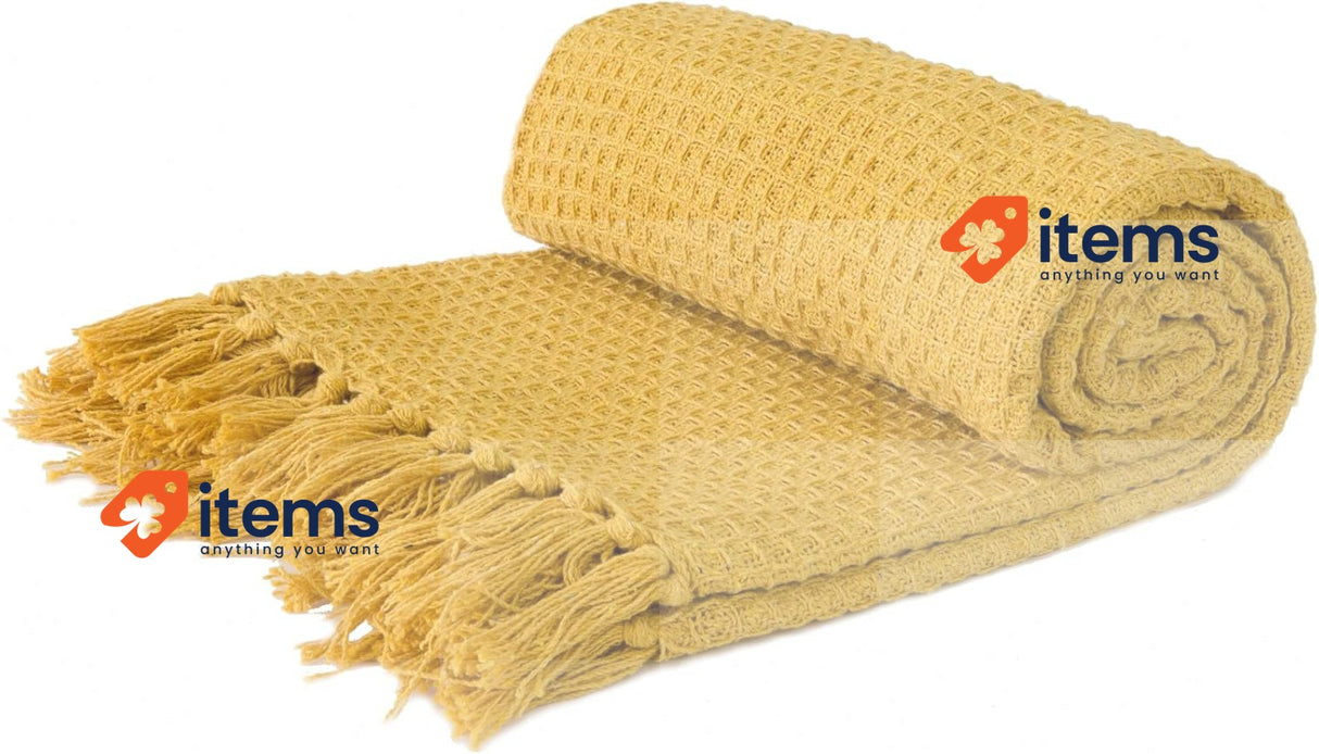 Emma Barclay Recycled Cotton Waffle Throw Over Blanket Ochre Yellow 178x254cm