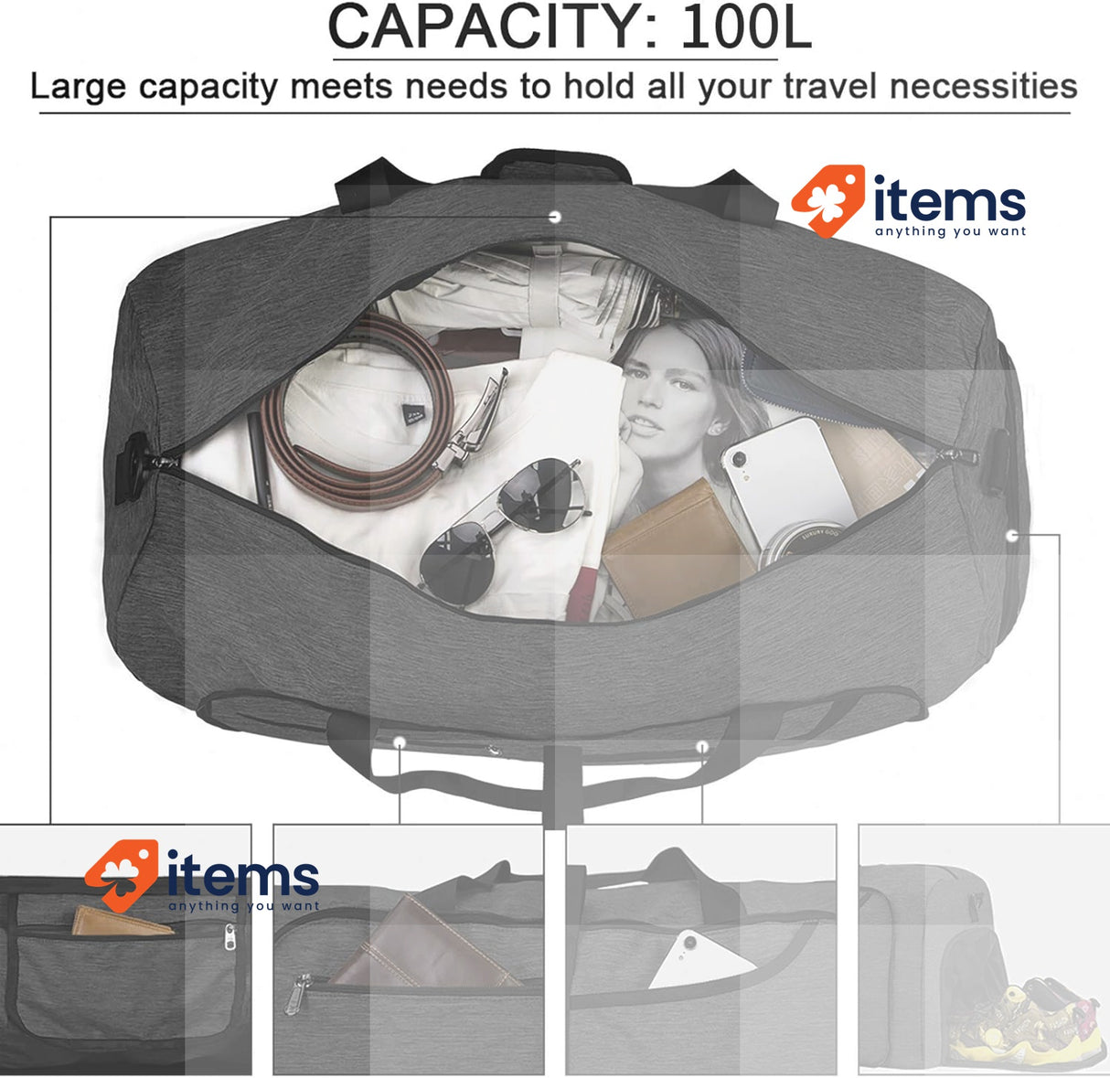 NEWHEY Foldable Travel Duffle Bags for Men Weekend Bag Sports Black-100l