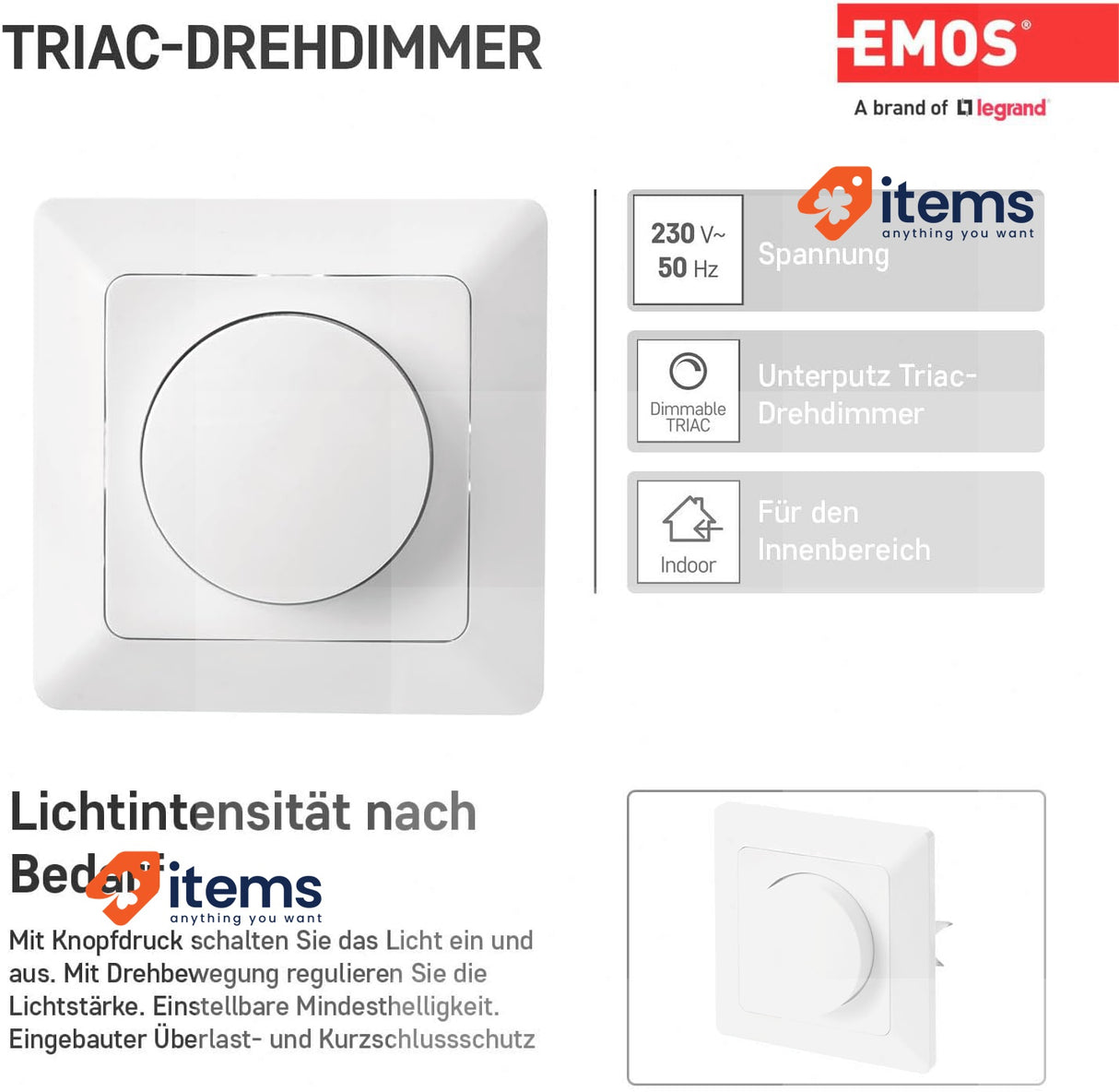 EMOS - LED Dimmer Switch With Rotary Knob For Dimmable Lamps A6003 White 110W