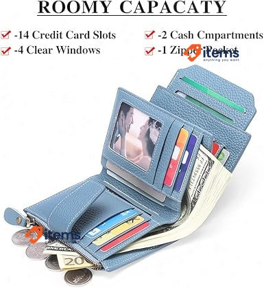 SENDEFN Women's RFID Blocking Leather Small Compact Bi - Fold Blue Card Bi-fold