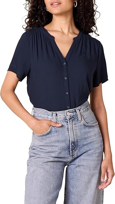 Amazon Essentials Women's Short-Sleeve Woven Blouse Marine Blue
Size L