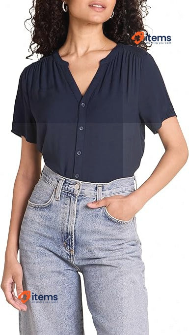 Amazon Essentials Women's Short - Sleeve Woven Blouse Marine Blue Size L Navy