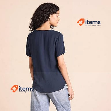Amazon Essentials Women's Short - Sleeve Woven Blouse Marine Blue Size L Navy