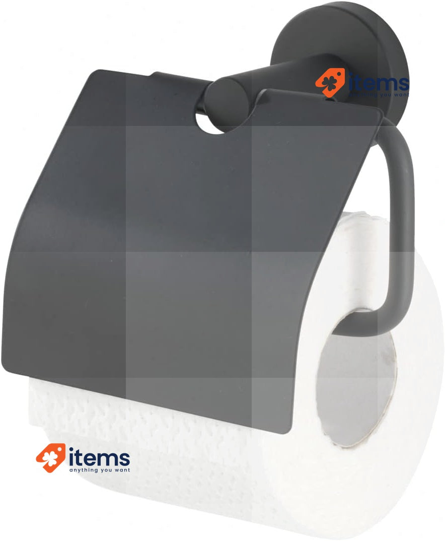 WENKO Toilet Roll Holder Stainless Steel Bosio Black Matt With Lid Rustproof Cm