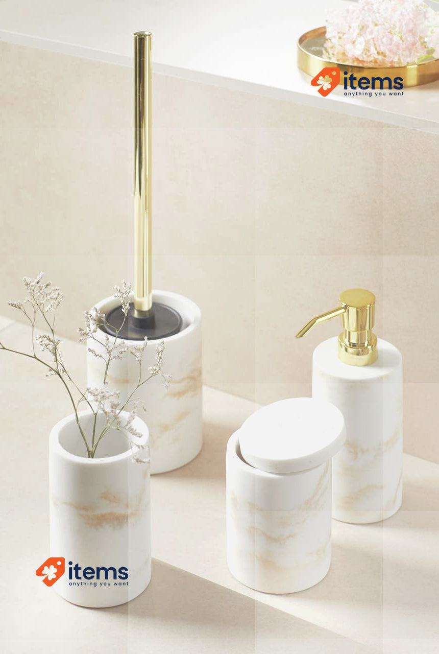 WENKO Odos Toilet Brush Holder, Resin, Gold/Marbled, Ø 7,5 X 37 Cm White Mod
