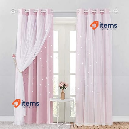 NICETOWN Pink Eyelet Curtains & Net - Kids Blackout Curtain with Hollow