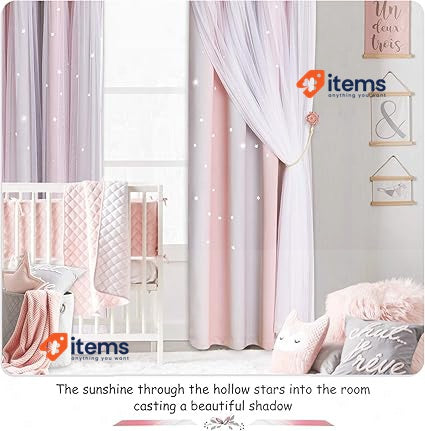 NICETOWN Pink Eyelet Curtains & Net - Kids Blackout Curtain with Hollow