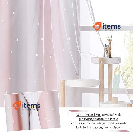 NICETOWN Pink Eyelet Curtains & Net - Kids Blackout Curtain with Hollow