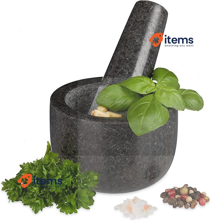 Relaxdays 10029948 Pestle, Polished Stone Mortar, Vol. 100 ml, Granite, Grey