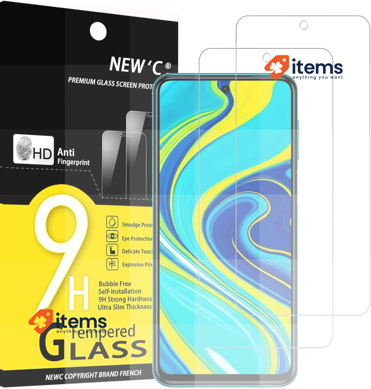 NEW'C 2 Pack Screen Protector for Xiaomi Redmi Note 9S, 9 Pro, 9 Pro Max Glass