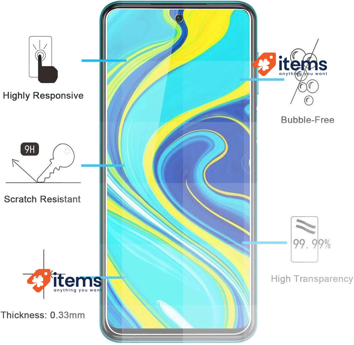 NEW'C 2 Pack Screen Protector for Xiaomi Redmi Note 9S, 9 Pro, 9 Pro Max Glass