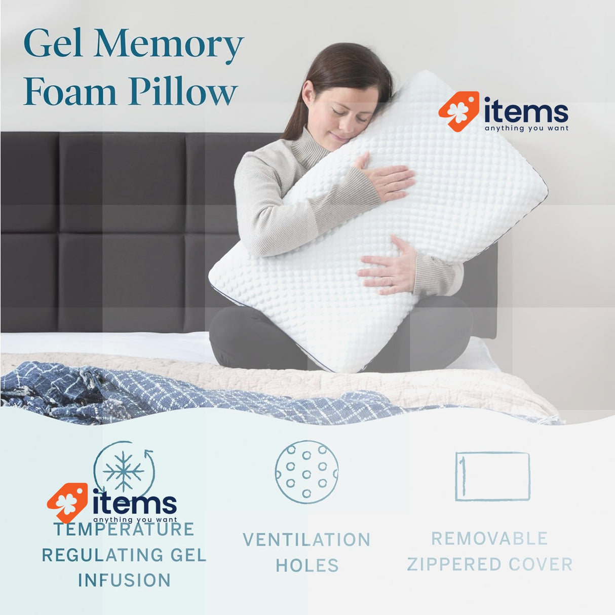 LUCID Ventilated Gel Memory Foam Pillow - Washable Cover