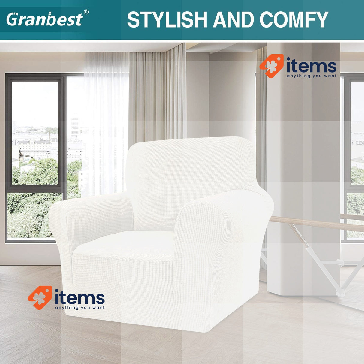 Granbest High Stretch Sofa Cover Modern Sofa Throw 1 Seater, Cream