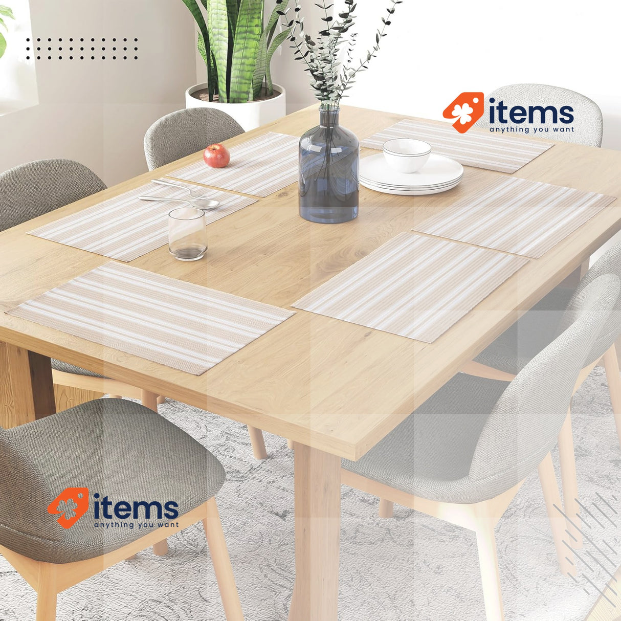 Encasa XO Dining Placemat Set 6 Beige Stripes Color Ribbed Cotton 48x32cm Solid