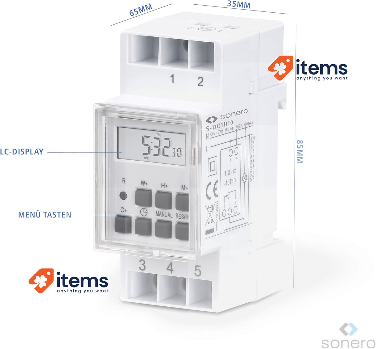 Sonero Digital Timer for DIN Rail Install In Control Panel 3600W LCD Display