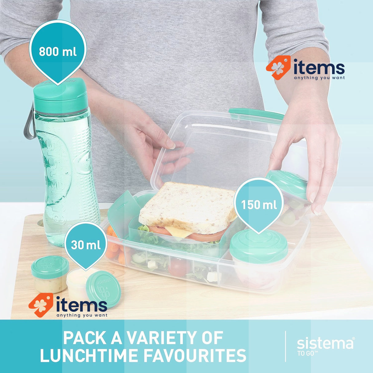 Sistema to Go Lunch Box & Meal Containers | with Water Bottle (800ml)